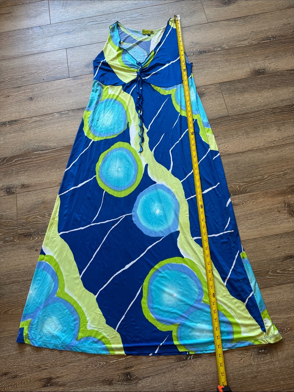 Blue & Lime Floral Maxi Dress - Sleeveless V-Neck - Picture 6 of 6